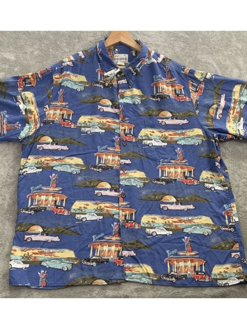 Vintage Reyn Spooner Shirt Men XL American Classics Hawaiian Beach Cars Drive-In